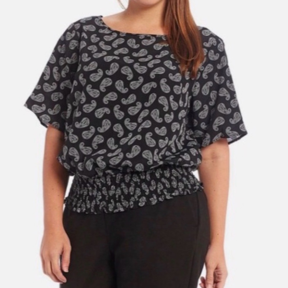 NWT Michael Kors Black and White Paisley Kimono Plus Size Blouse - 2X